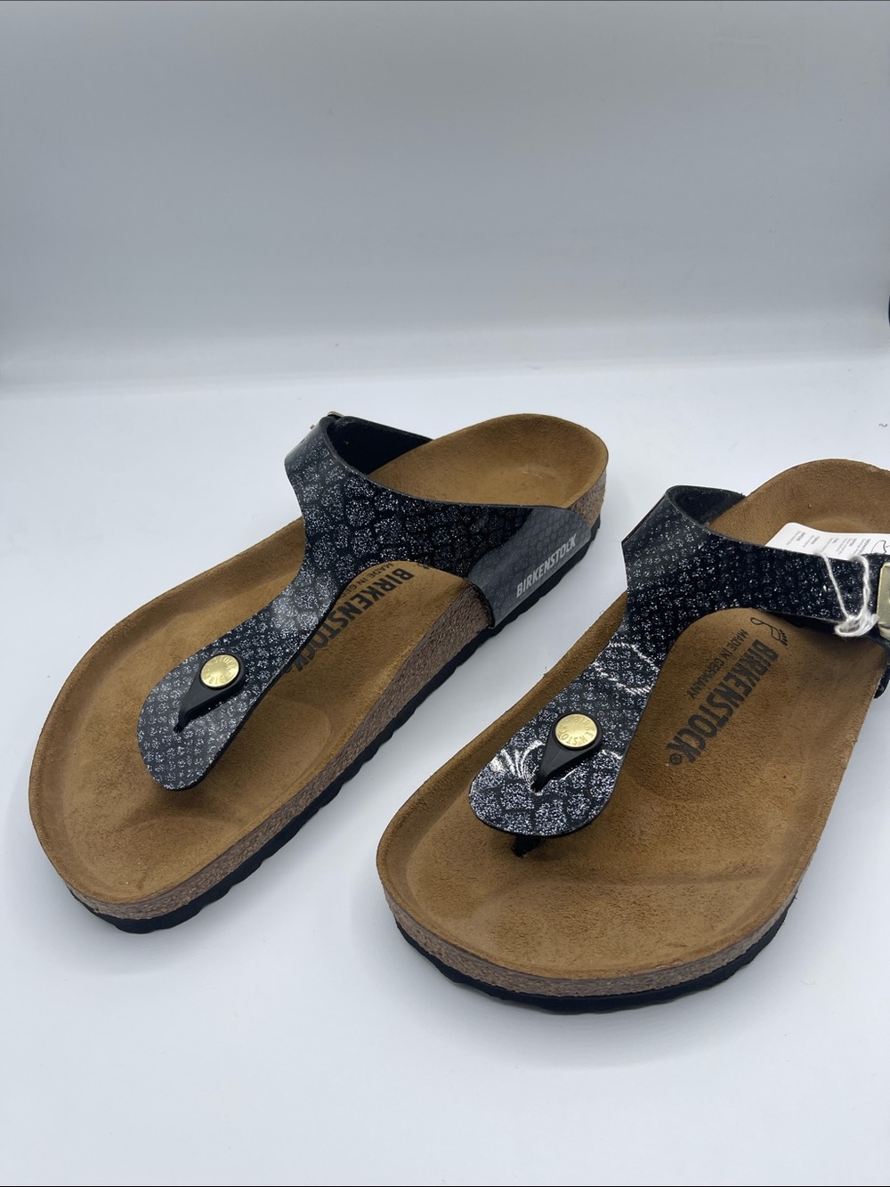 Birkenstock Women's Patterned Thong Sandal with Gold Accent